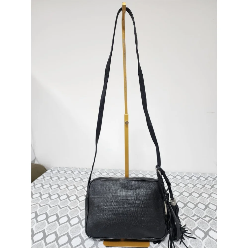 YVES SAINT LAURENT Lou Camera Raffia Canvas Crossbody Bag Black